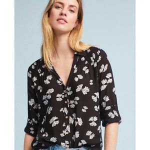 Anthro Maeve Black White Bow Button Up Blouse